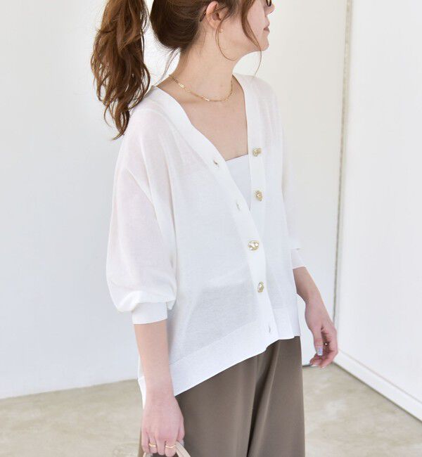quaranciel「《予約》quaranciel:〈接触冷感/手洗い可能〉メタルボタン Vネック シアー ニット カーディガン」|カーディガン|