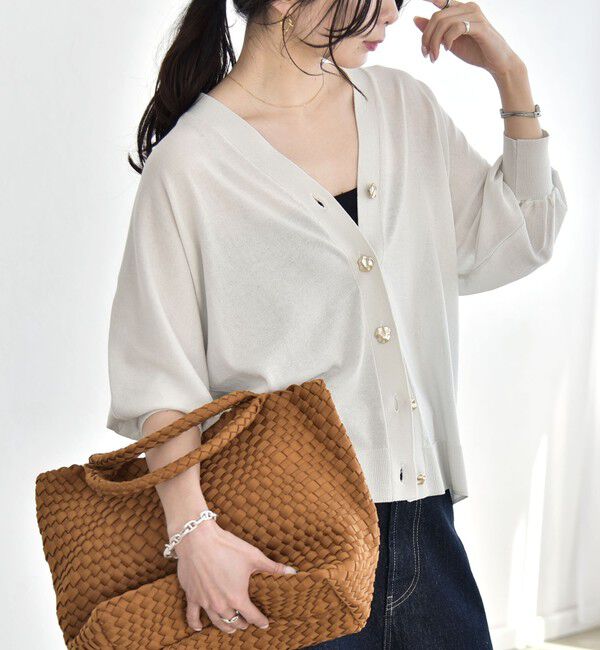 quaranciel「《予約》quaranciel:〈接触冷感/手洗い可能〉メタルボタン Vネック シアー ニット カーディガン」|カーディガン|