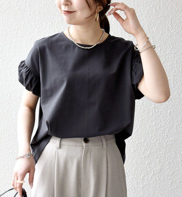 SHIPS any「《予約》SHIPS any:〈多機能/洗濯機可能〉マルチファンクション ギャザー スリーブ TEE」|Tシャツ・カットソー|チャコールグレー