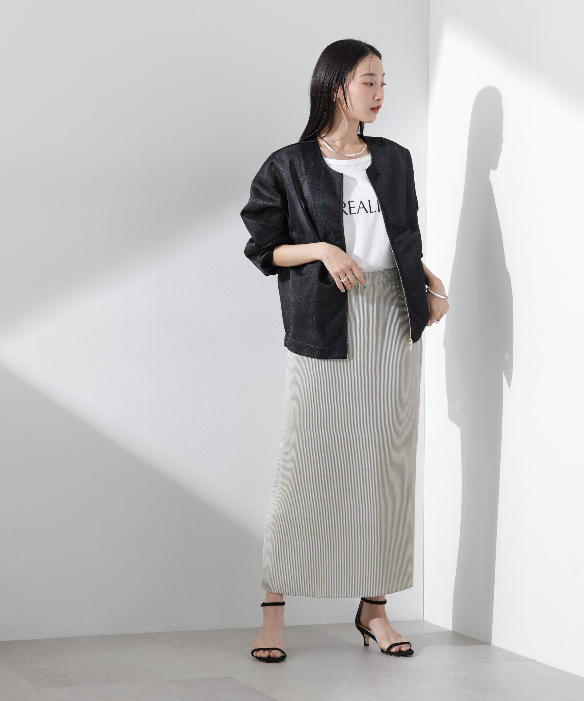 nano･universe「シアーダンボールカットノーカラーZIPupジャケット」|テーラードジャケット|