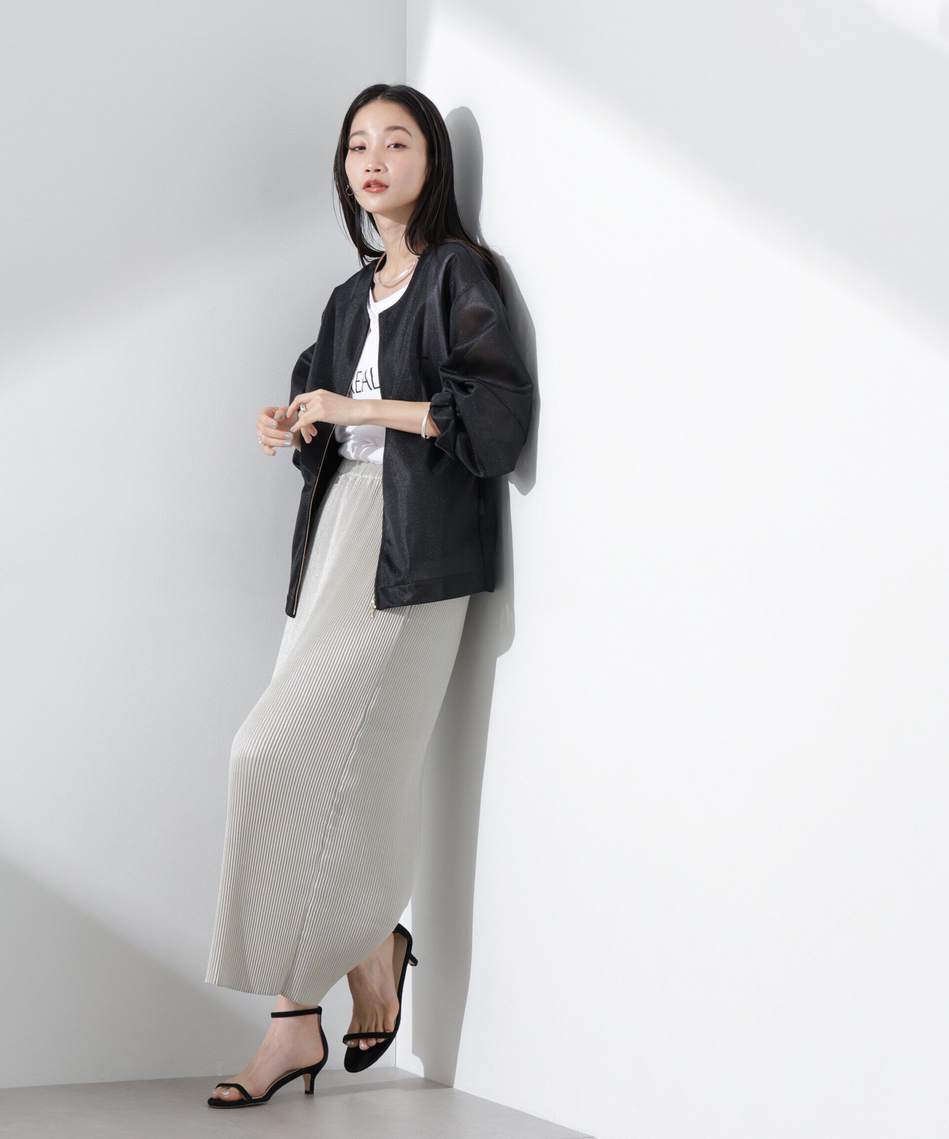 nano･universe「シアーダンボールカットノーカラーZIPupジャケット」|テーラードジャケット|