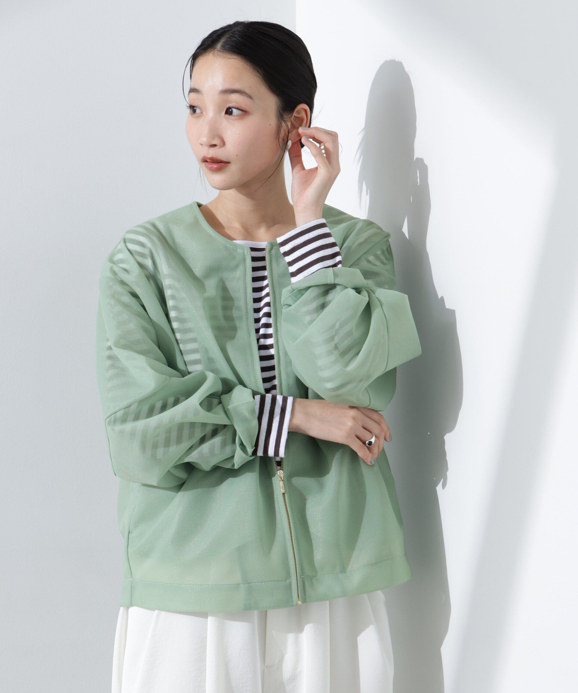 nano･universe「シアーダンボールカットノーカラーZIPupジャケット」|テーラードジャケット|