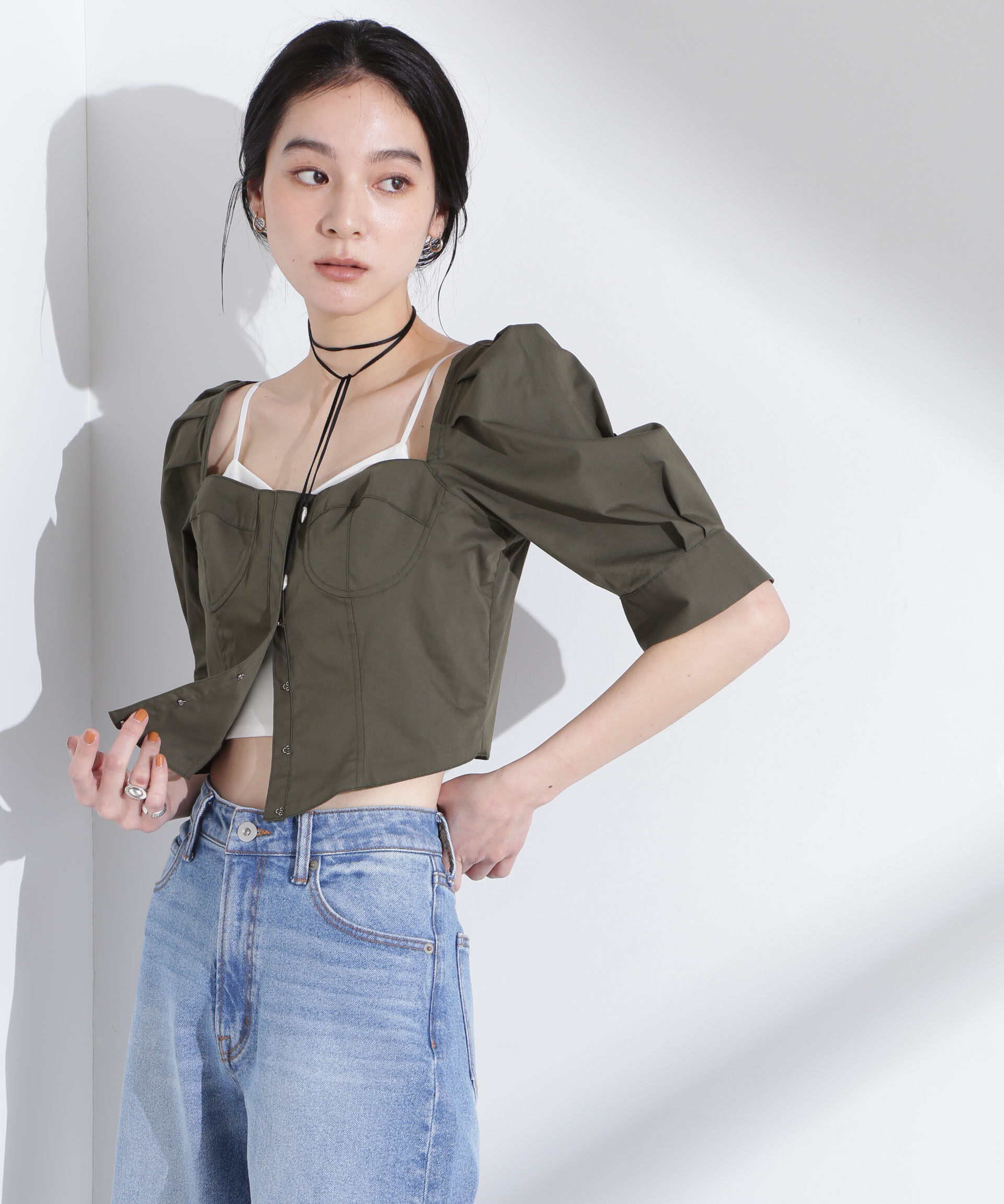 nano･universe「パフスリーブビスチェトップス」|シャツ・ブラウス|カーキ