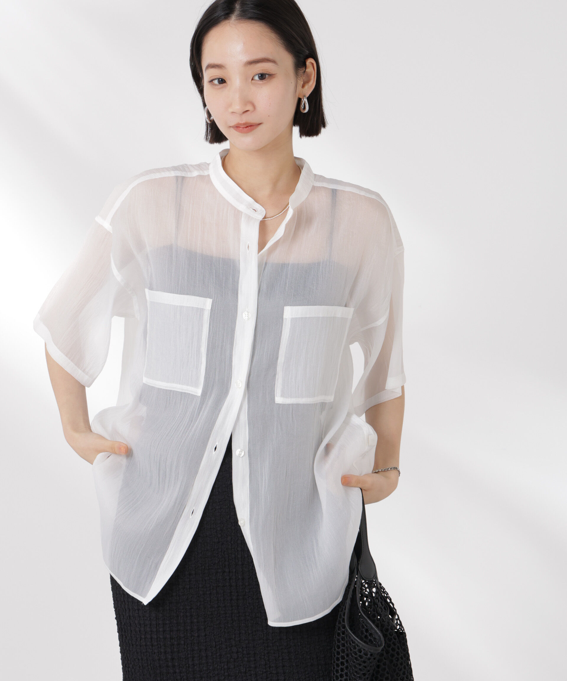 nano･universe「バンドカラーシアー半袖シャツ」|シャツ・ブラウス|