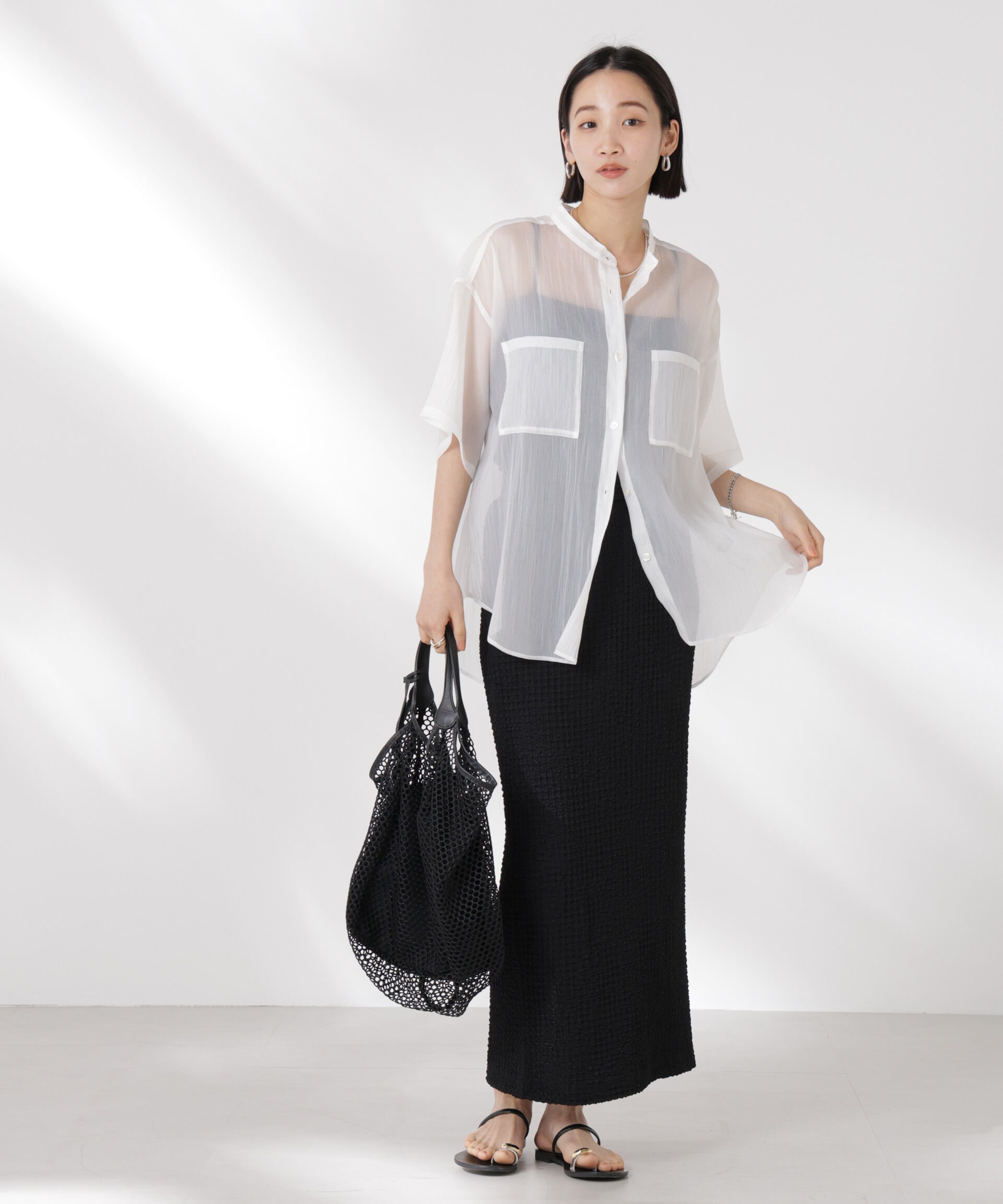 nano･universe「バンドカラーシアー半袖シャツ」|シャツ・ブラウス|