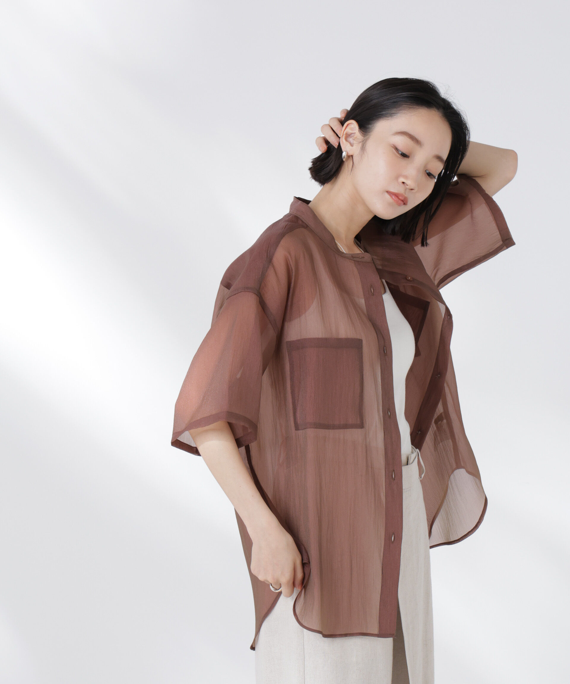 nano･universe「バンドカラーシアー半袖シャツ」|シャツ・ブラウス|