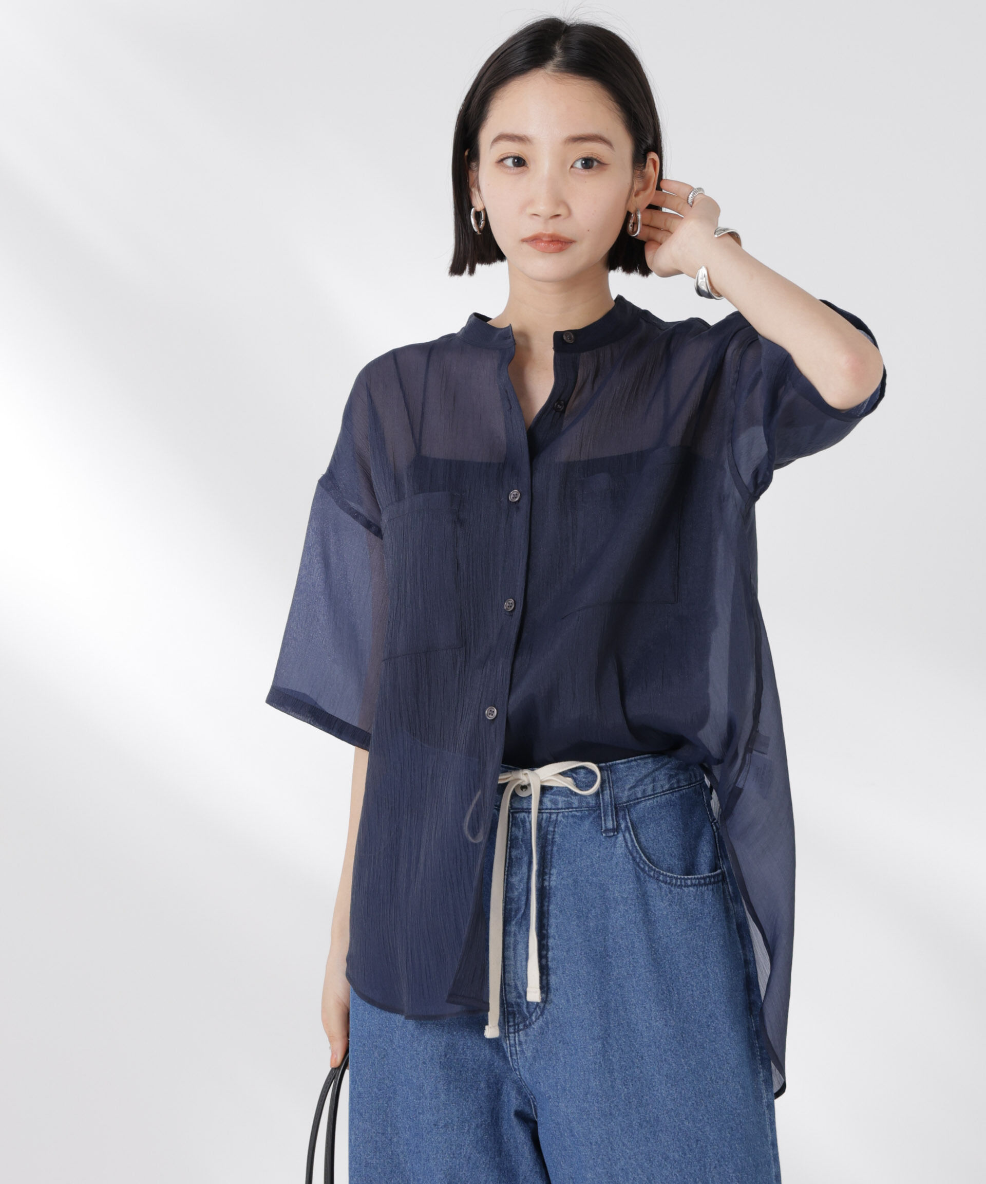 nano･universe「バンドカラーシアー半袖シャツ」|シャツ・ブラウス|