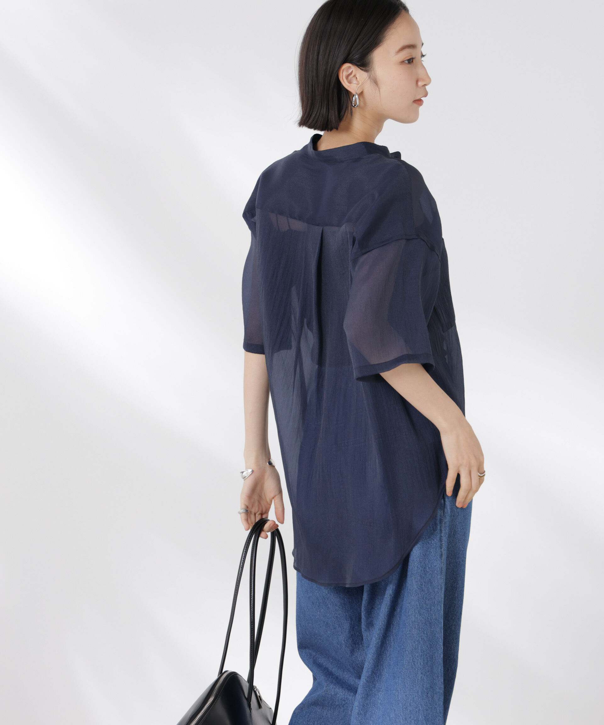 nano･universe「バンドカラーシアー半袖シャツ」|シャツ・ブラウス|