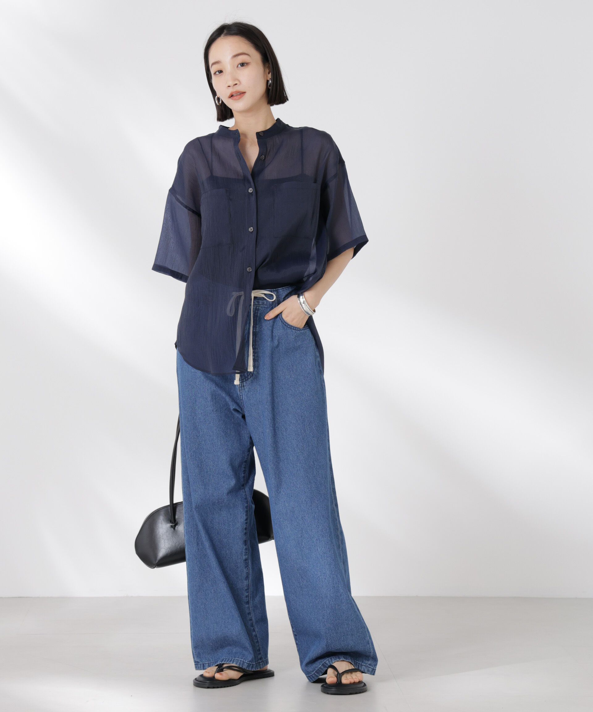 nano･universe「バンドカラーシアー半袖シャツ」|シャツ・ブラウス|