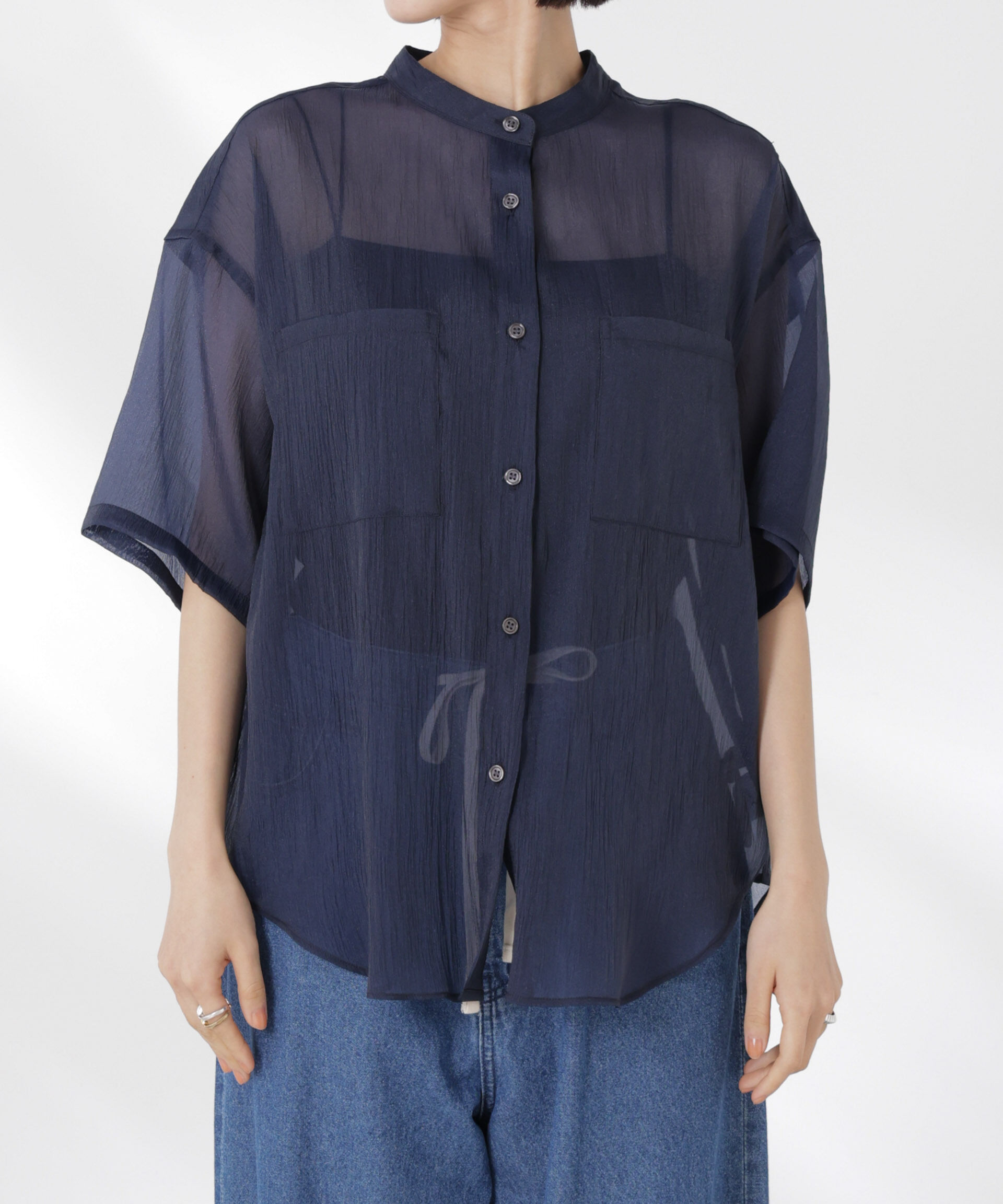 nano･universe「バンドカラーシアー半袖シャツ」|シャツ・ブラウス|