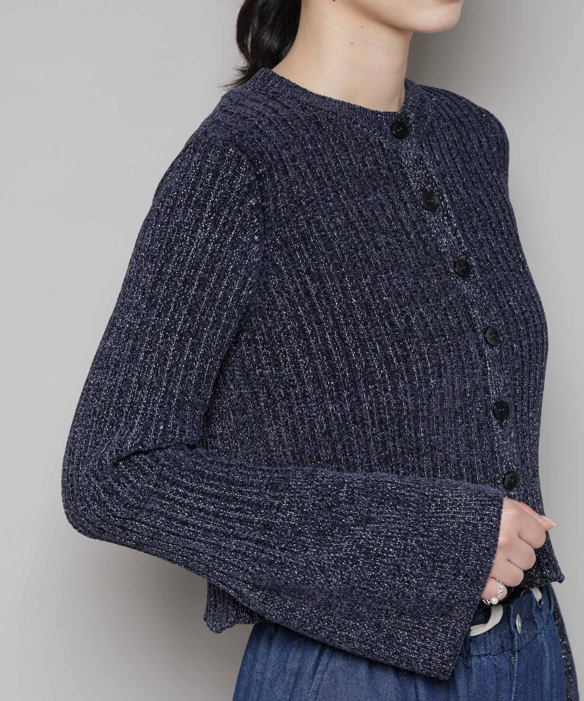 nano･universe「ラメモールワイドリブ前後2WAYフレアスリーブニット(セットアップ可)」|ニット・セーター|