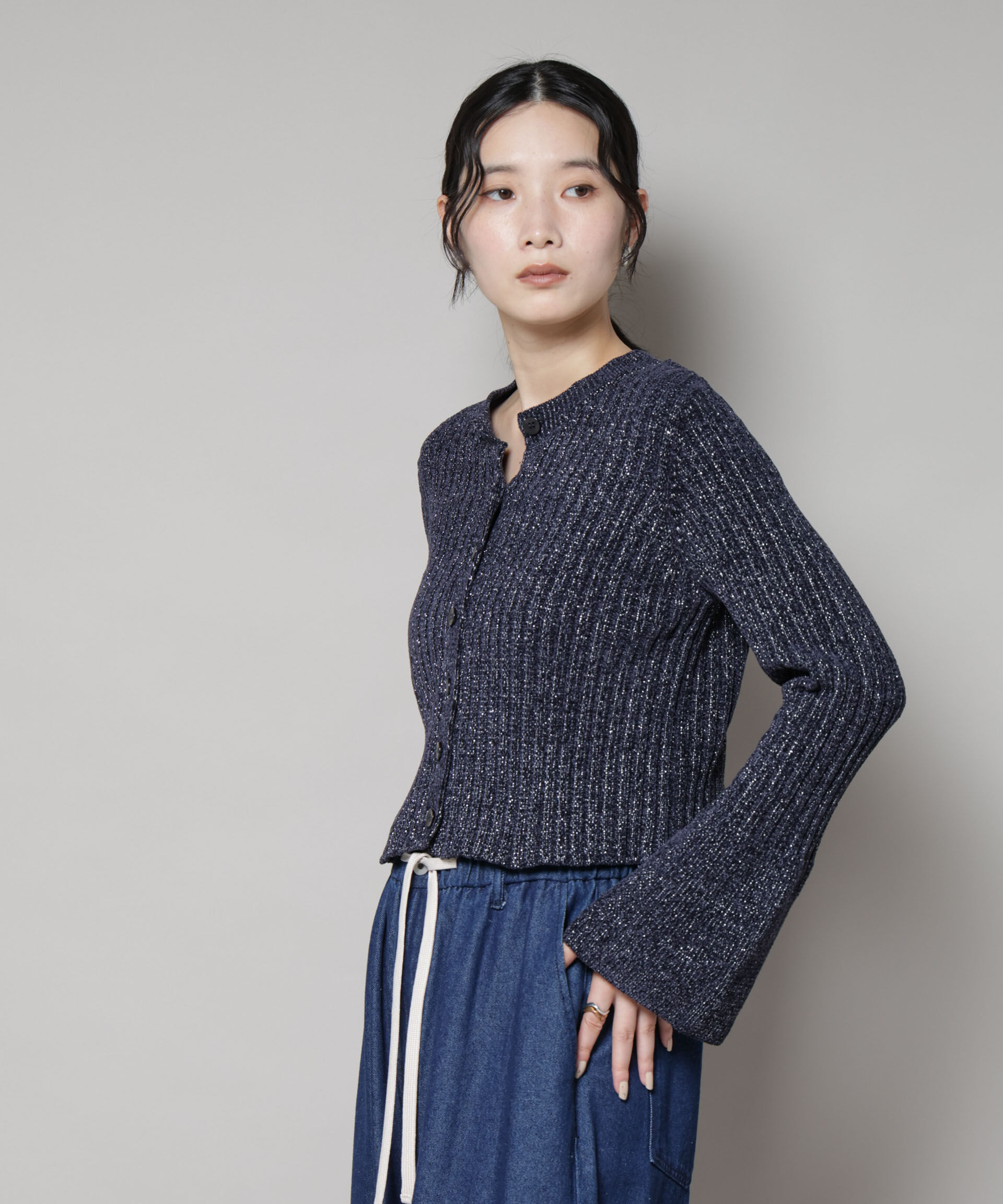 nano･universe「ラメモールワイドリブ前後2WAYフレアスリーブニット(セットアップ可)」|ニット・セーター|