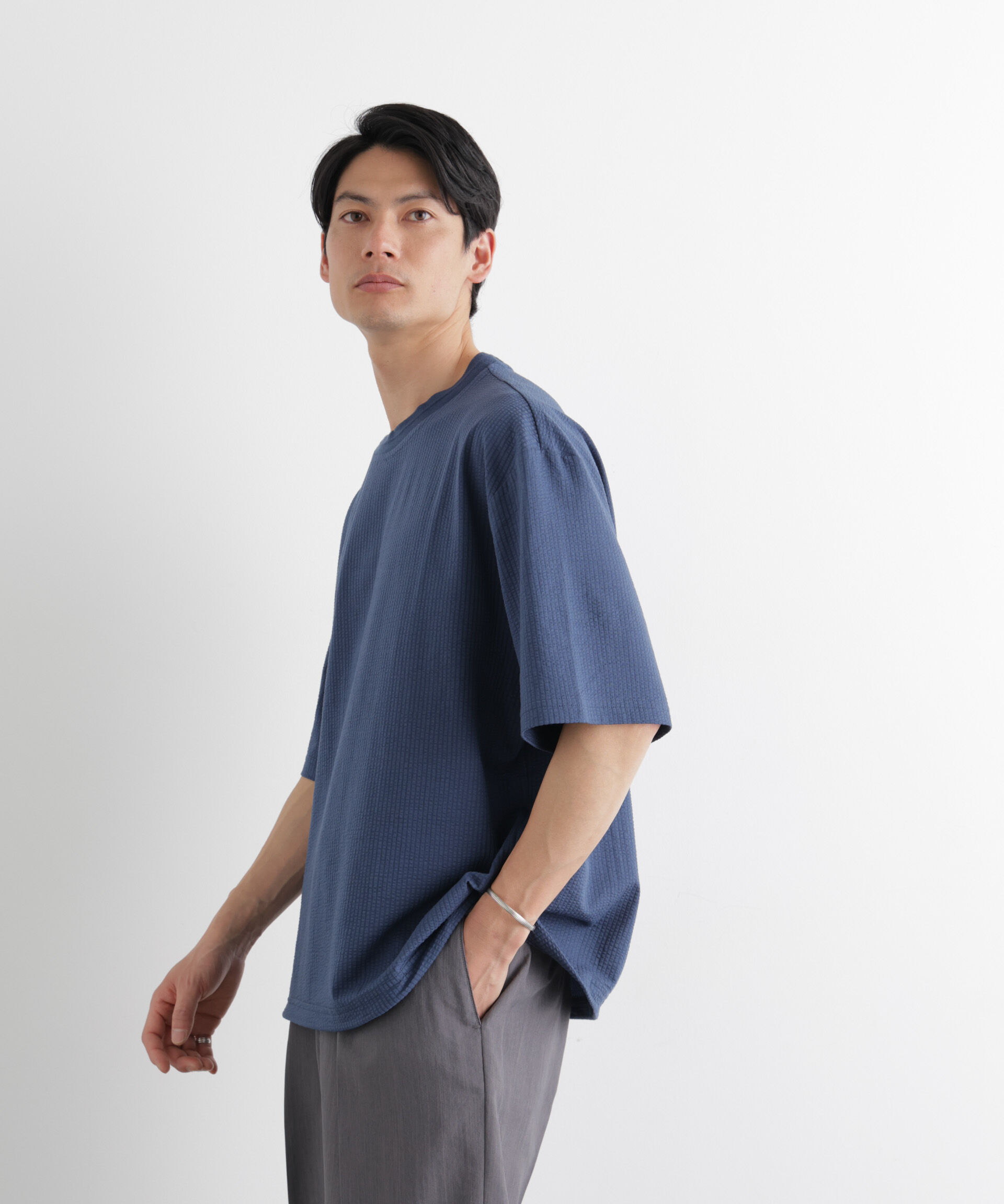 nano･universe「シルケットサッカーワイドTシャツ 半袖」|Tシャツ・カットソー|ブルー