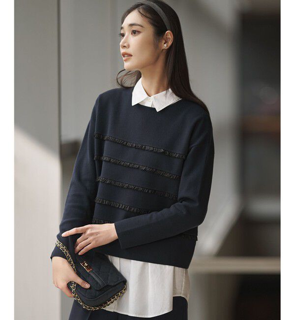 23区「【WEB&一部店舗限定/滝沢眞規子さん着用】フリルボーダー ニット」|ニット・セーター|ネイビー系