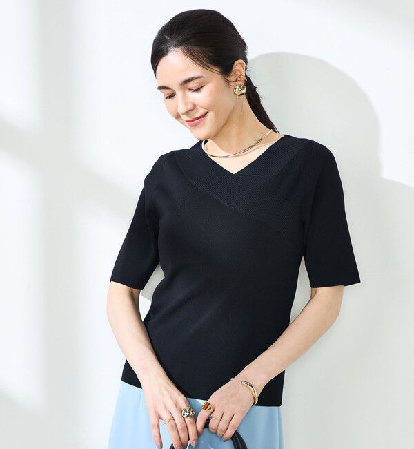 NOLLEY'S sophi「《手洗い可能》カシュクール風5分袖プルオーバーニット」|ニット・セーター|