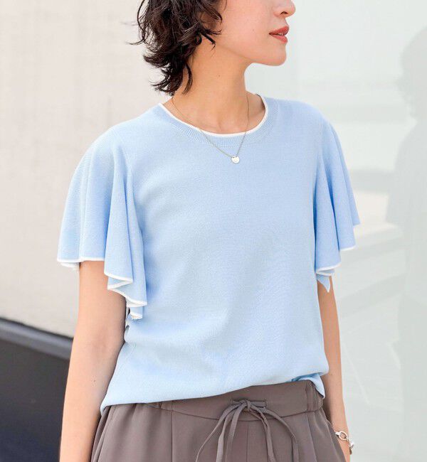 NOLLEY'S sophi「《手洗い可能》袖フリル配色プルオーバーニット」|ニット・セーター|サックス