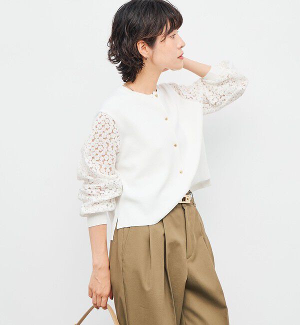 NOLLEY'S「《手洗い可能》フラワー刺繍生地袖クルーネックカーディガン」|カーディガン|オフホワイト