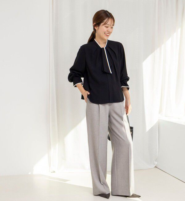 NOLLEY'S「《セットアップ対応》ウォッシャブルストレッチジョーゼットボウタイ風ペプラムブラウス」|シャツ・ブラウス|