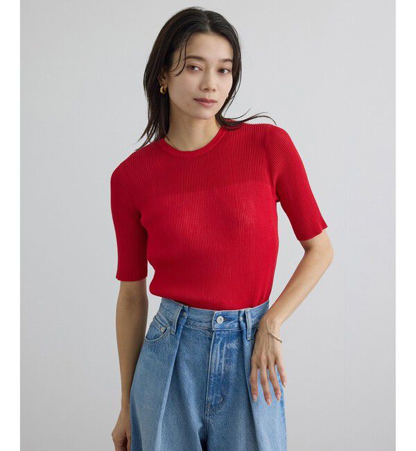 SALON adam et rope'「【WEB限定】シアーリブニットハーフスリーブプルオーバー」|Tシャツ・カットソー|レッド(60)