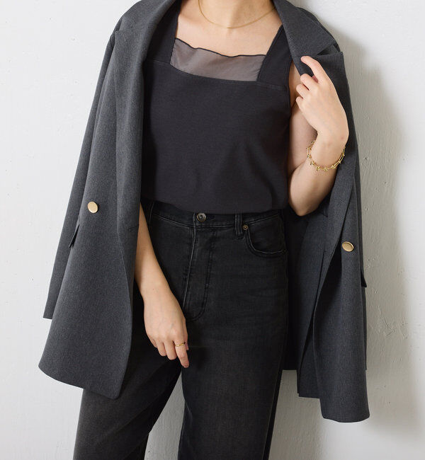  「 シアー切り替えスクエアタンクトップ」|Tシャツ・カットソー|チャコールグレー