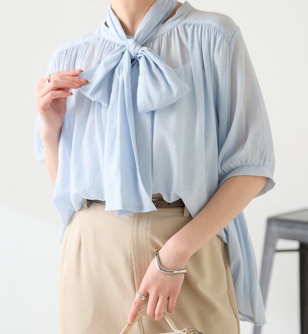  「強撚2WAYシアーボウタブラウス」|シャツ・ブラウス|スカイブルー