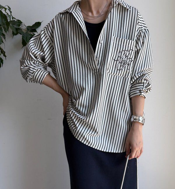  「【WEB限定】ロゴ刺繍ストライプスキッパーシャツ」|シャツ・ブラウス|ブラック