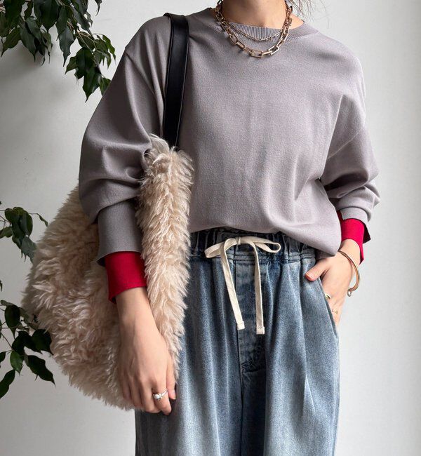  「【WEB限定】袖カラー配色ニットトップス」|ニット・セーター|グレー