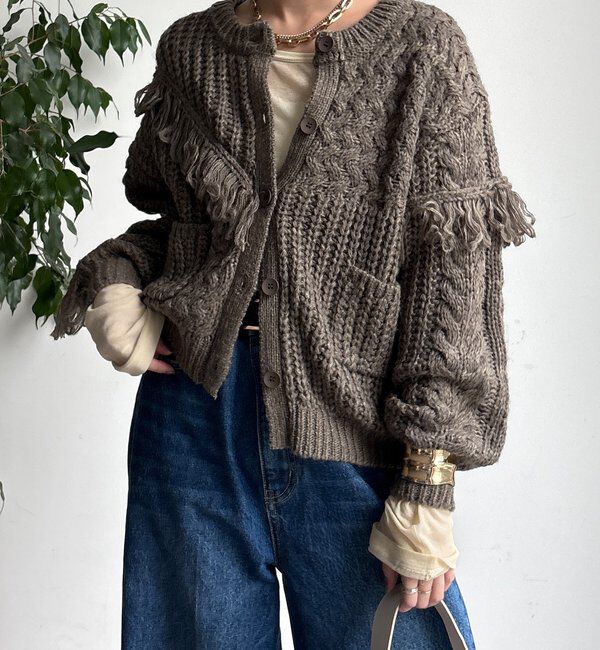  「【WEB限定】フリンジニットカーディガン」|カーディガン|グレー