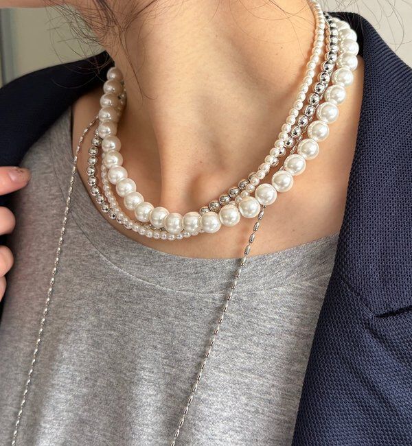  「パール&times;シルバーボールチェーン3連マグネットネックレス」|ネックレス|