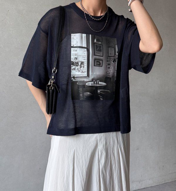  「【WEB限定】プリントシアーニットプルオーバー」|Tシャツ・カットソー|ネイビー