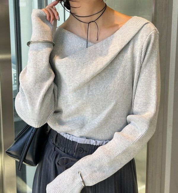  「オフショルリブニット」|ニット・セーター|グレー