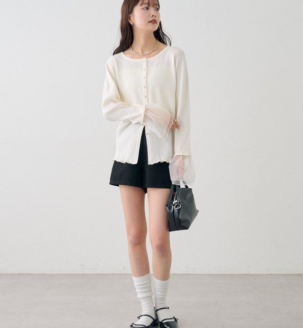  「袖チュール付きリブカーディガン」|カーディガン|