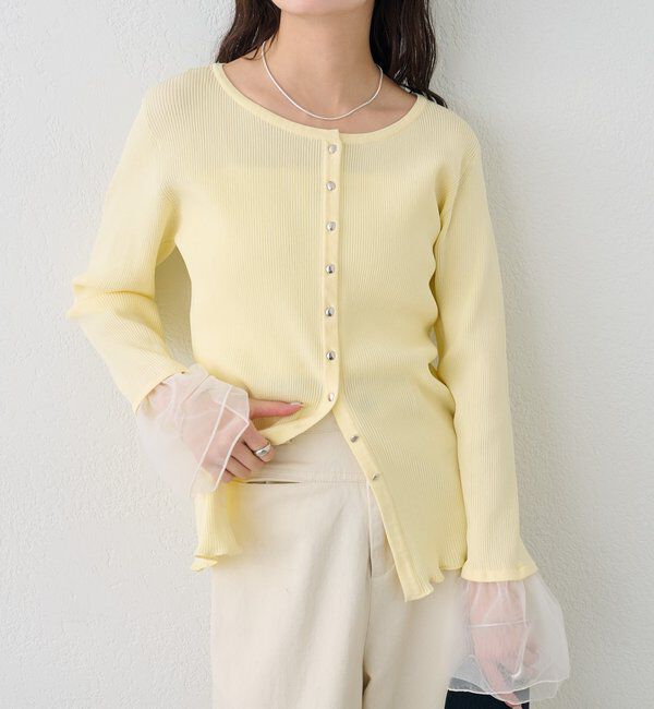  「袖チュール付きリブカーディガン」|カーディガン|
