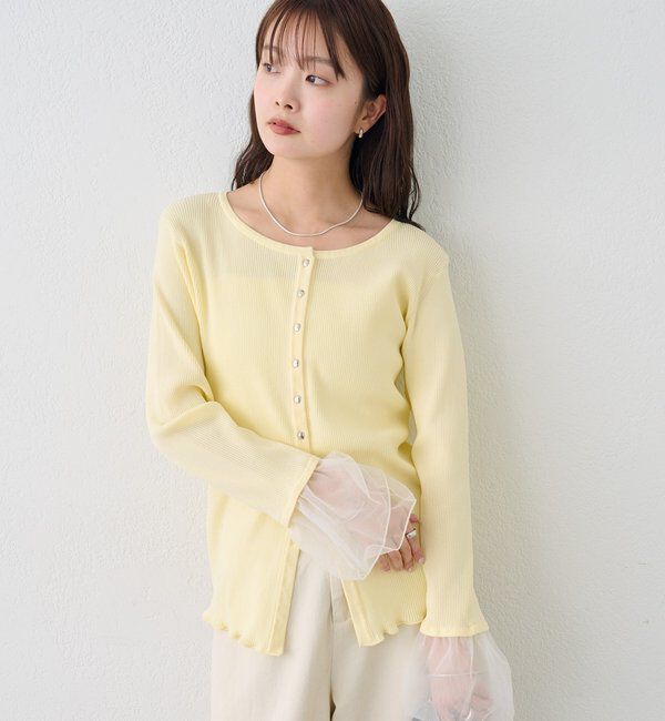  「袖チュール付きリブカーディガン」|カーディガン|