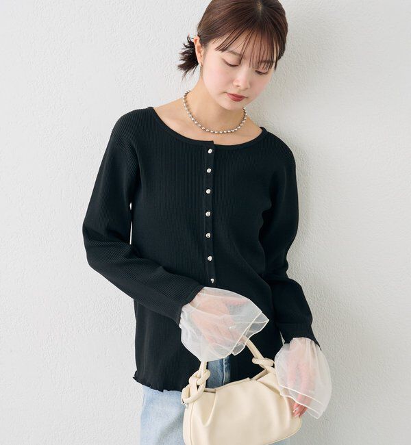  「袖チュール付きリブカーディガン」|カーディガン|