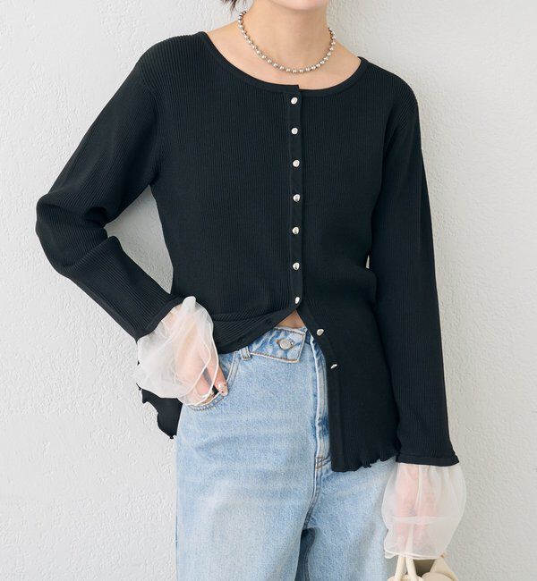  「袖チュール付きリブカーディガン」|カーディガン|