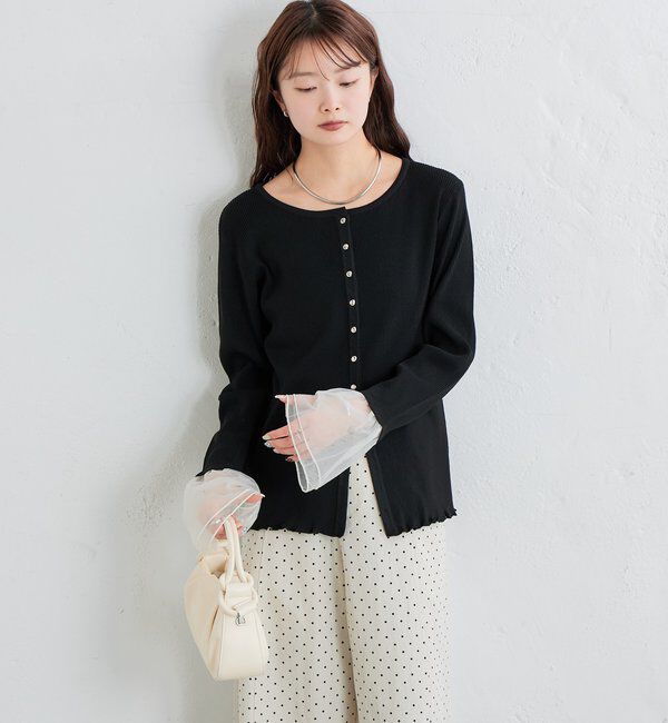  「袖チュール付きリブカーディガン」|カーディガン|