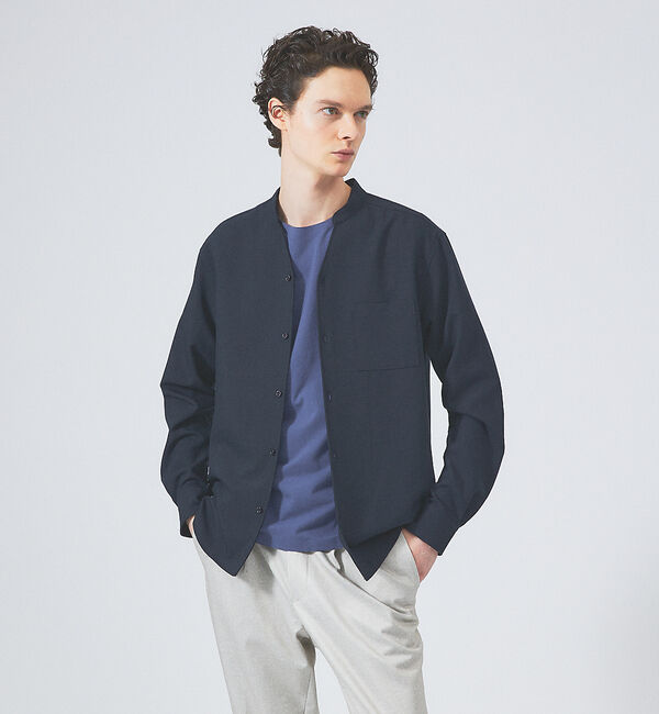 ABAHOUSE「【定番】ストレッチ ノーカラー Vネック シャツ」|シャツ・ブラウス|ネイビー