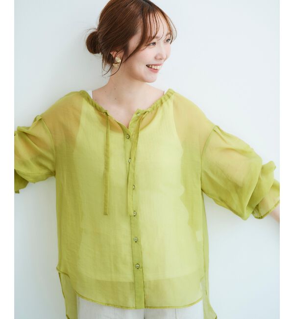 le.coeur blanc「《手洗い可能》シアーギャザーリボンブラウス」|シャツ・ブラウス|