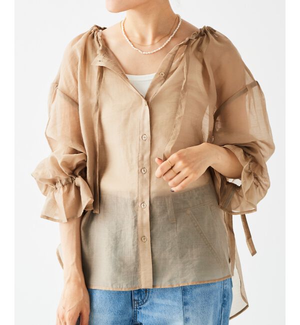 le.coeur blanc「《手洗い可能》シアーギャザーリボンブラウス」|シャツ・ブラウス|ベージュ