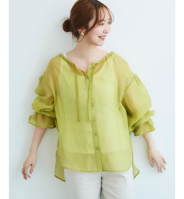 le.coeur blanc「《手洗い可能》シアーギャザーリボンブラウス」|シャツ・ブラウス|Ｌ／グリーン