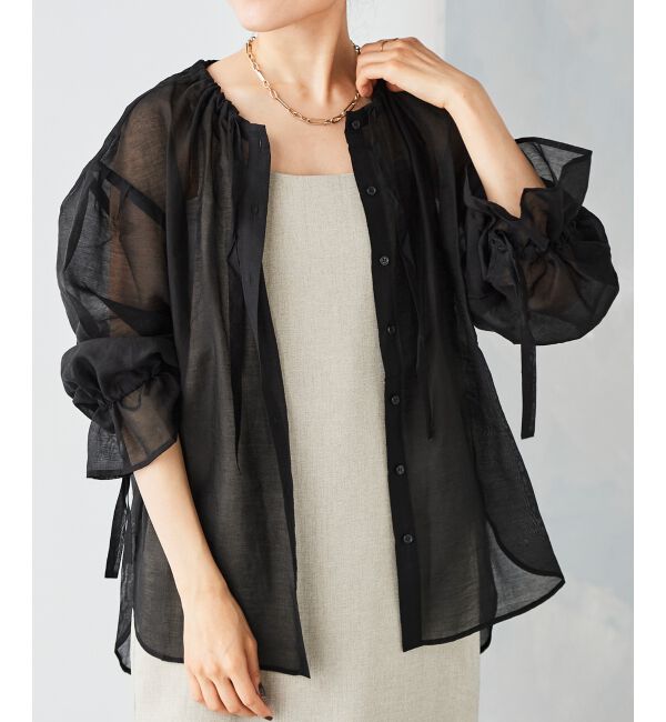 le.coeur blanc「《手洗い可能》シアーギャザーリボンブラウス」|シャツ・ブラウス|ブラック