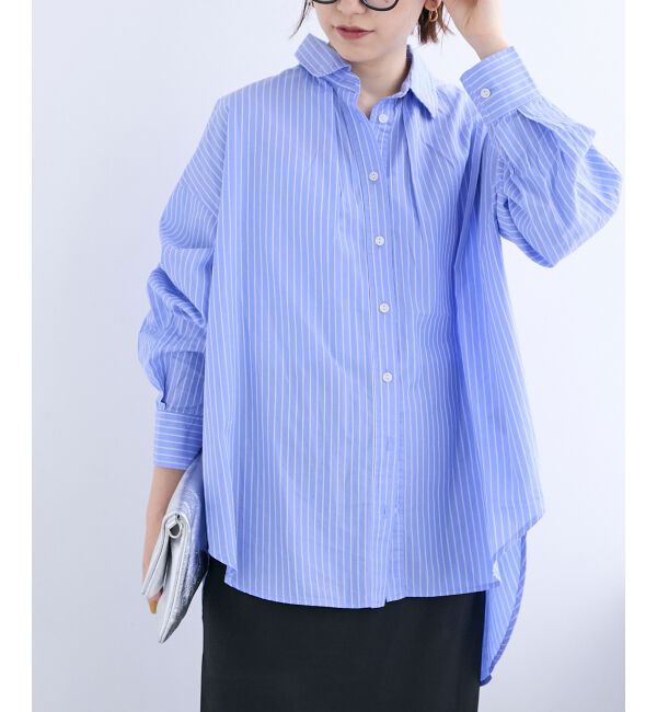  「《WEB限定アイテム》バックギャザーストライプオーバーシャツ」|シャツ・ブラウス|ブルー柄