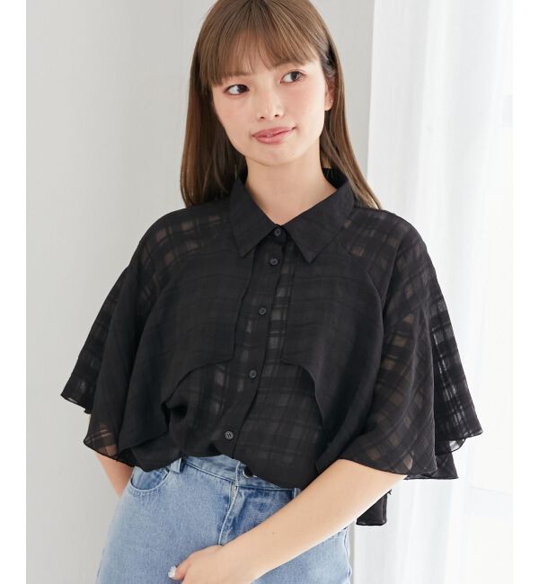  「シアーケープブラウス」|シャツ・ブラウス|ブラック柄