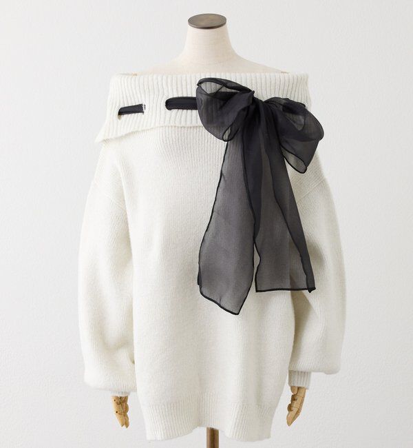  「リボン付きオフショルニットワンピ」|ワンピース|