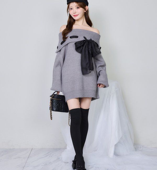  「リボン付きオフショルニットワンピ」|ワンピース|