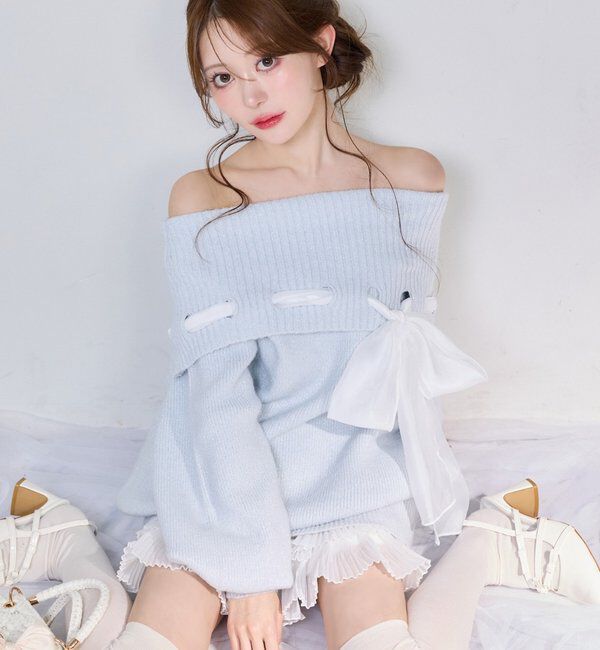  「リボン付きオフショルニットワンピ」|ワンピース|サックスブルー