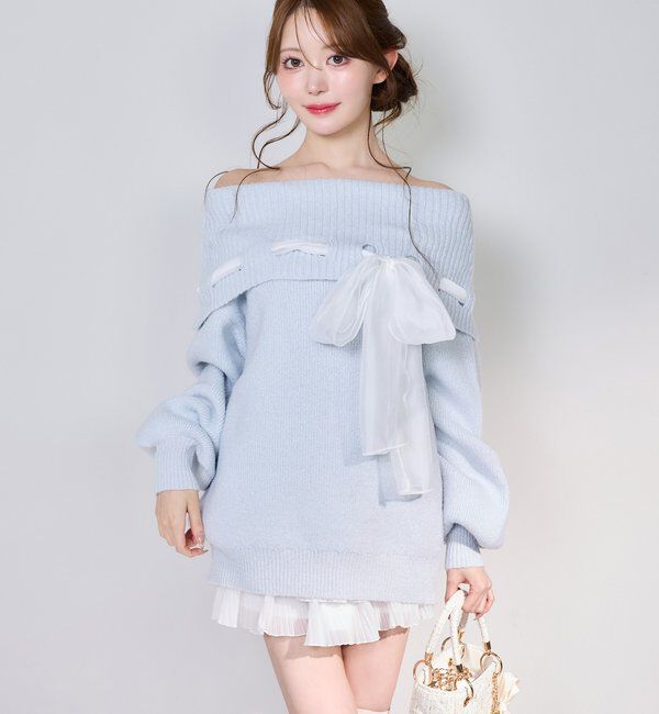  「リボン付きオフショルニットワンピ」|ワンピース|