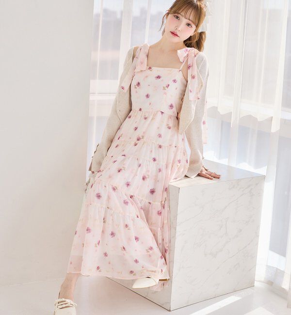  「【肩リボン取り外し可能】カーディガンセット２枚セットワンピ」|ワンピース|