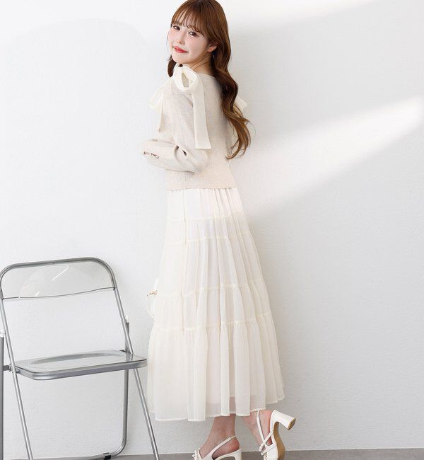  「【肩リボン取り外し可能】カーディガンセット２枚セットワンピ」|ワンピース|